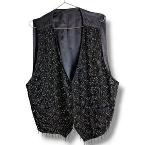 August Max Woman XL Black & Gold Vest Jacket Top Women Beaded Fringe Cottagecore